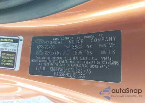 2006 Hyundai Tiburon Gt/Gt Limited/Se z USA, uszkodzony, nr VIN KMHHN65F96U221775